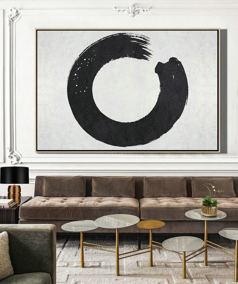 Giant Canvas Wall Art,Oversized Horizontal Minimalist Circle Art On Canvas, Black And White Minimalist Painting - Huge Canvas Art On Canvas